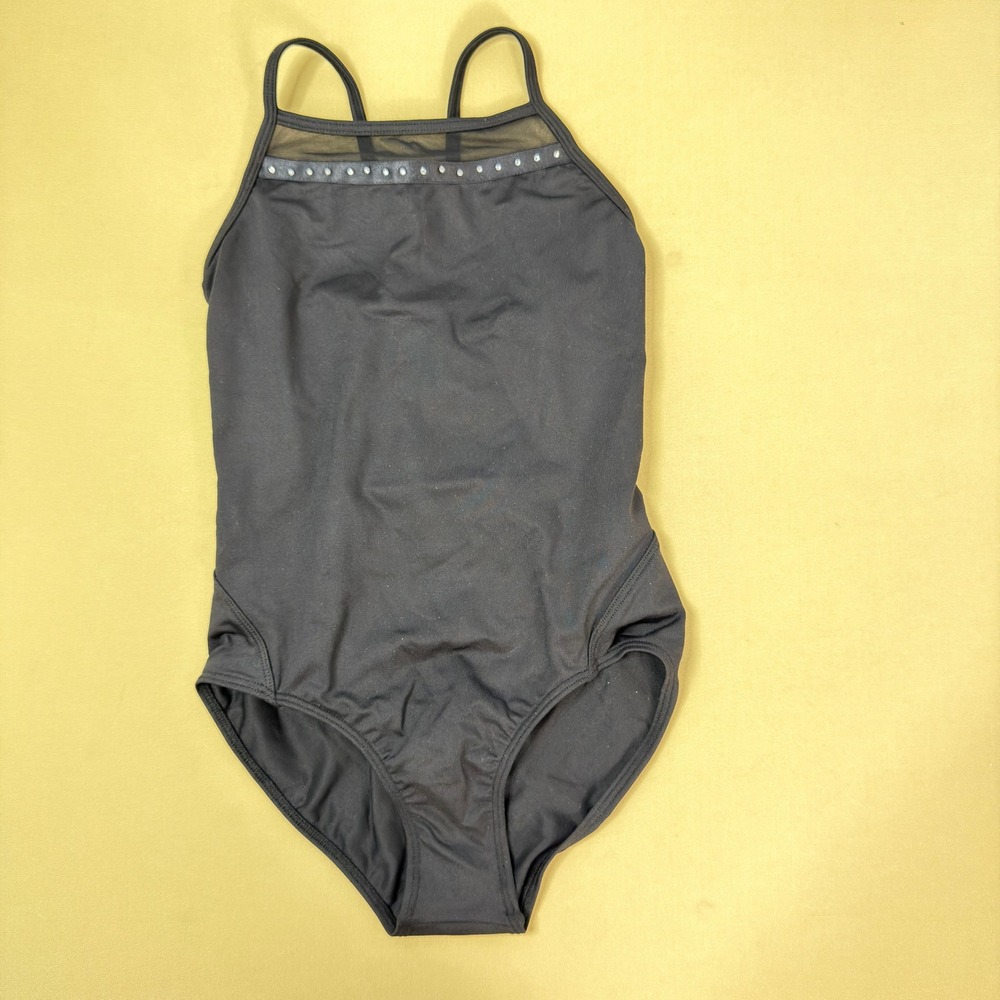 NWOT Bloch Girls Aisling Black Mesh Rhinestone Lattice Back Leotard 8-10 Dance